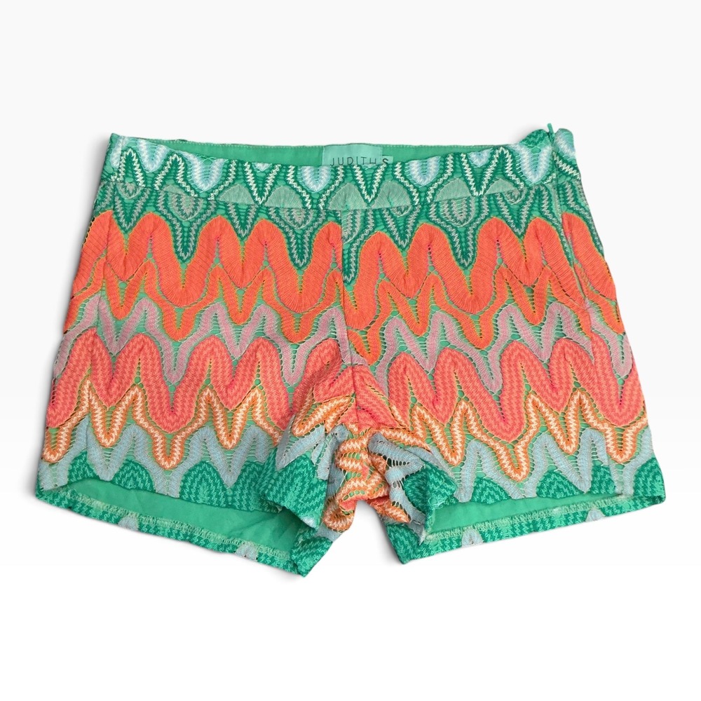 Judith March Green Orange Chevron Colorful Crochet Shorts Boho Festival Size S